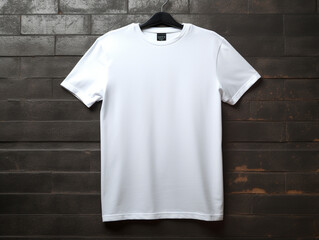 Mockup stylish white t-shirt on a black wall background. Generative Ai