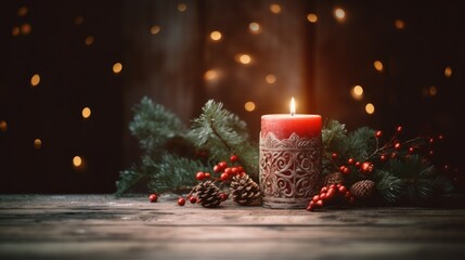 Christmas candles and lights composition rustic style. Christmas candle decoration with natural wooden elements, berries, green fir spruce branches, cinnamon