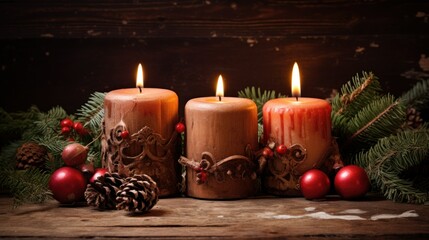 Obraz na płótnie Canvas Christmas candles and lights composition rustic style. Christmas candle decoration with natural wooden elements, berries, green fir spruce branches, cinnamon