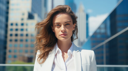 A professional woman in a white blazer, standing against a backdrop of blue skyscrapers