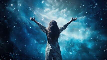 Woman reaching for the stars in her career, surrounded by a cosmic blue background