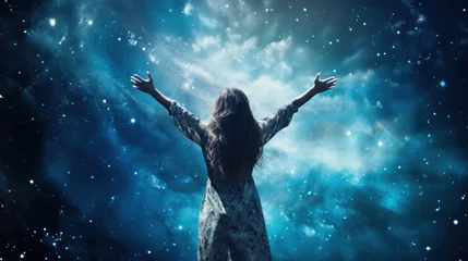 Foto op Canvas Woman reaching for the stars in her career, surrounded by a cosmic blue background © valgabir