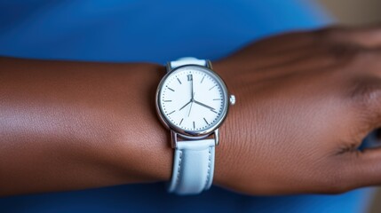 Woman's hand wearing a watch, symbolizing punctuality and professionalism