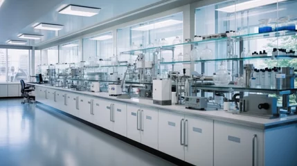Fotobehang High-tech laboratory with advanced equipment inside a pharmaceutical manufacturing facility. © visoot
