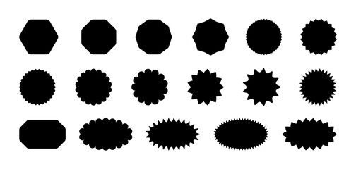 Callout star sticker. Starburst price badge sticker. Promo tag icon with scalloped edge. Wavy sale circles and ellipse seal stamps. Vector illustration isolated on white background.