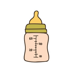 Baby milk bottle with niple, colorful doodle illustration in vector. Baby milk bottle hand drawn colorful icon in vector isolated on white background