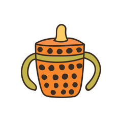 Baby milk bottle with niple, colorful doodle illustration in vector. Baby milk bottle hand drawn colorful icon in vector isolated on white background