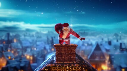 Santa Claus Carrying a Red Bag with Gifts to Children, Carefully Walking on a Roof of a House on a Night of Christmas Eve. Santa Waving To Camera and Magically Disappearing into the Chimney - Powered by Adobe