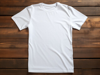 Blank white t-shirt on a wooden background. Generative Ai