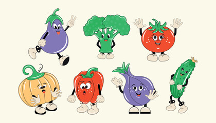 A set of funny, colorful cartoon characters. Vegetables with different emotions on a light background in a groovy style. Retro design