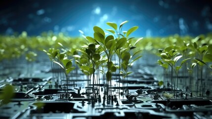 Tree growing on digital plant pot. Eco Technology and Technology Convergence, Green Computing.