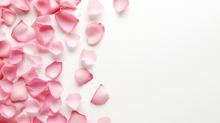 A composition of flowers. Rose flower petals on white background. Valentine's Day, Mother's Day concept. Flat lay, top view, copy spac