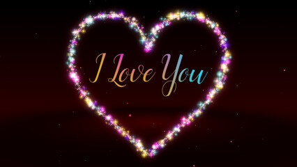 Romantic I Love You Text On Red Colorful Glitter Sparkle Stars Forming Heart Shape Line On Dark Shiny Red Floored Space Background