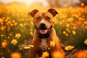 Dog Sitting in Field of Yellow Flowers