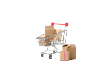 PNG, shopping basket with gifts isolated on white background.