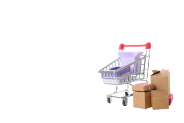 PNG, shopping basket with gifts isolated on white background.