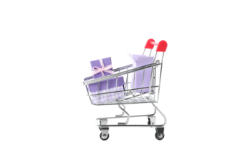 PNG, shopping basket with gifts isolated on white background.