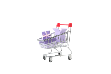 PNG, shopping basket with gifts isolated on white background.