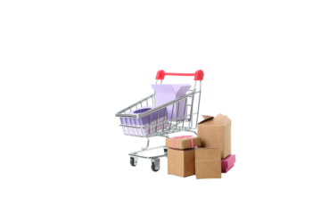 PNG, shopping basket with gifts isolated on white background.