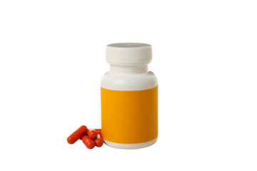 PNG, plastic jar with pills, isolated on white background.