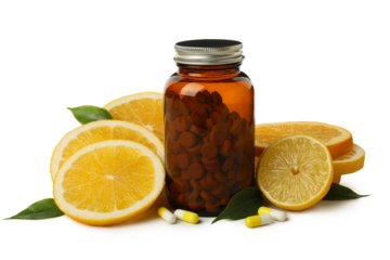 PNG, bottle with pills, near citrus fruits, isolated on white background.