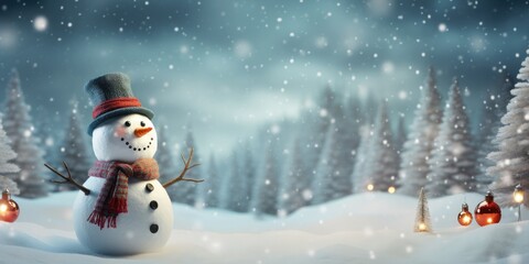 Naklejka na ściany i meble 3d cute snowman with snow and Christmas tree