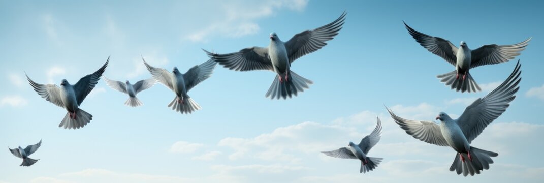 Group of birds flying in the blue sky.