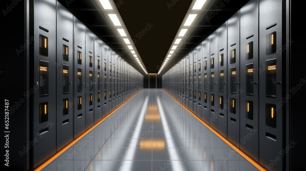 Poster new data center for data storage in the style of dark gray and light black, server room.