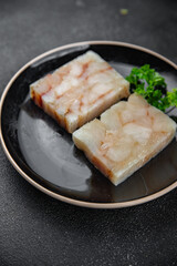 raw fish briquette fillet seafood defrost meal food snack on the table copy space food background rustic top view
