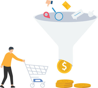 Sales funnel or online marketing conversion rate, Customer flow from awareness, Click and purchase product on e-commerce website, Holding shopping cart with money coin from sales funnel

