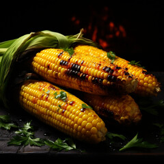 grilled corn on the grill, grilled corn cut in two half, corn on the cob
