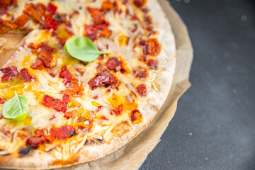 pizza wood-fired oven, meat, bacon, cheese appetizer meal fast food snack on the table copy space food background rustic top view