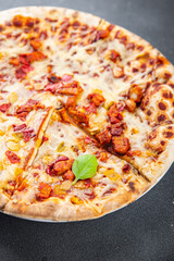 pizza wood-fired oven, meat, bacon, cheese appetizer meal fast food snack on the table copy space food background rustic top view