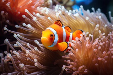 clown fish swims in the sea on the background of coral reefs - Powered by Adobe
