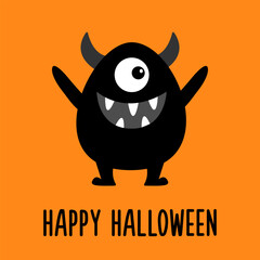 Happy Halloween. Cute monster. Head face with horns, teeth. Black silhouette monsters. Cartoon kawaii funny boo character. T-shirt design. Childish baby collection. Orange background. Flat design.