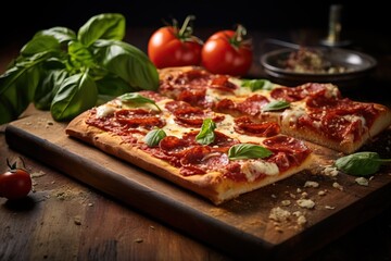homemade Sicilian square pizza with mozzarella, tomatoes and basil