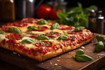 homemade Sicilian square pizza with mozzarella, tomatoes and basil
