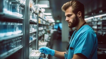 Medical technician doing work in a hospital supply room.