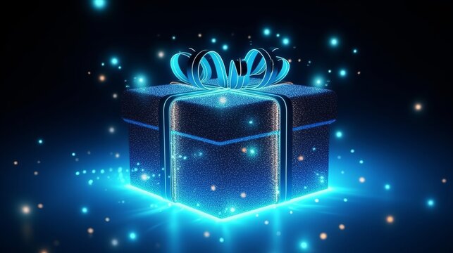 Christmas background Polygonal technology with Christmas box, background. Low poly blue, Generative ai