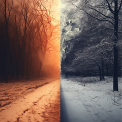 half winter and half summer, transition from summer to winter, make it dramatic light