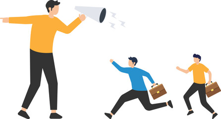 Dominant leader, bossy manager using authority power to order and control employees to work, Contrast and conflict management, Manager using megaphone to order employees

