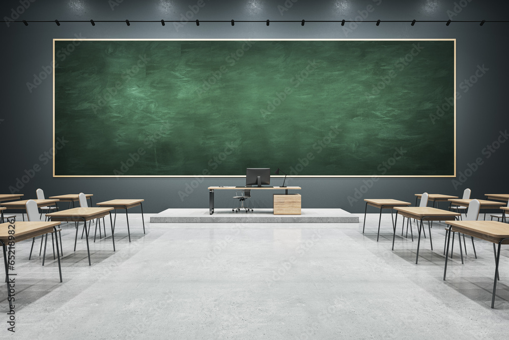 Poster modern classroom interior with empty chalkboard and mock up place, furniture and equipment. educatio