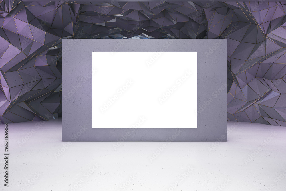 Poster modern abstract geometric crystal cave museum interior with mock up place on empty white banner. 3d 