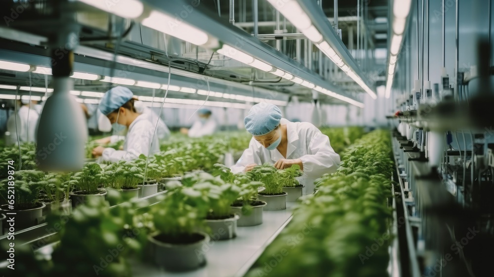 Aufkleber Scientists cultivate organic lettuce using advanced technology and automation in a modern agricultural greenhouse.