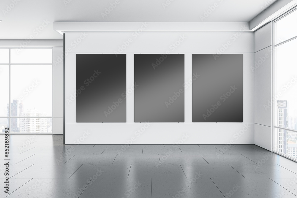 Poster modern gallery interior with clean black mock up banners on white concrete wall, flooring with refle