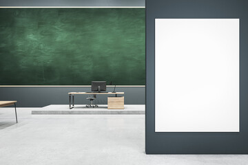 Modern classroom interior with empty chalkboard, white poster and mock up place, furniture and equipment. Education, school and knowledge concept. 3D Rendering.