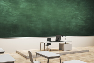Clean classroom interior with empty chalkboard and mock up place, wooden flooring, furniture and equipment. Education, school and knowledge concept. 3D Rendering.