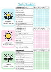 Fototapeta na wymiar Kids daily checklist, Cute journal and planner design, Child weekly planner, Habit tracker kids journal page, Kids Daily Routine, planner pages