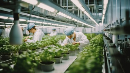 Scientists cultivate organic lettuce using advanced technology and automation in a modern agricultural greenhouse.