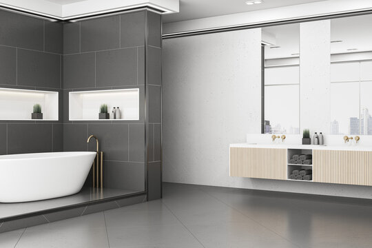 Contemporary dark hotel style bathroom interior. Room designs concept. 3D Rendering.